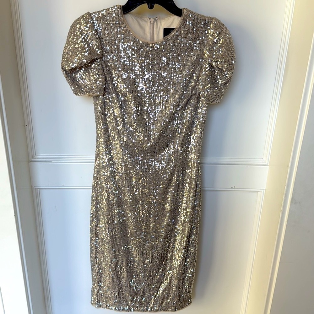 Adrianna Papell Evening Silver Sequin Puff Sleeve Cocktail Wedding Dress US 6
